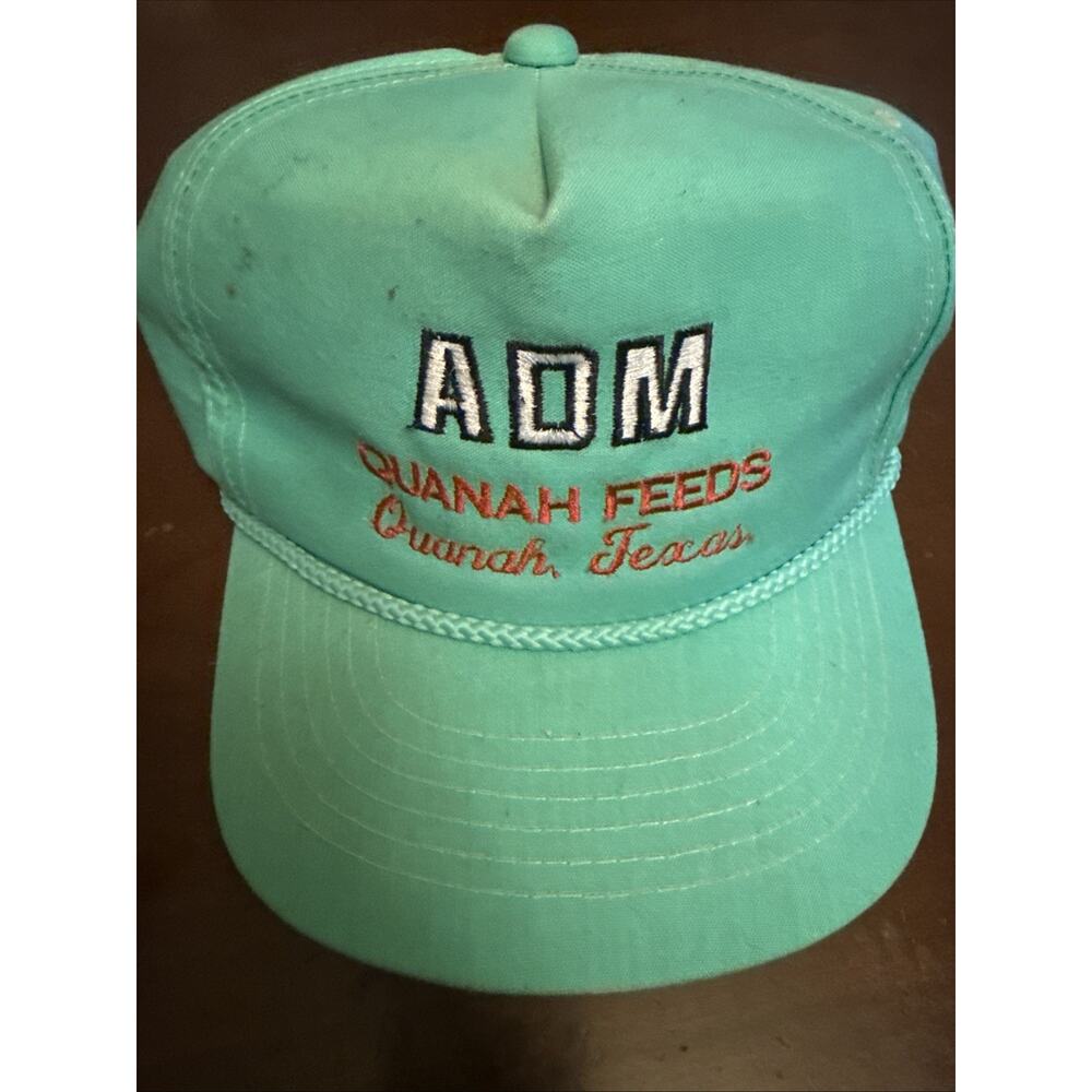 Vintage ADM Quanah Feeds Hat Snapback Trucker Cap Quanah Texas Farm Retro Teal - Picture 1 of 3
